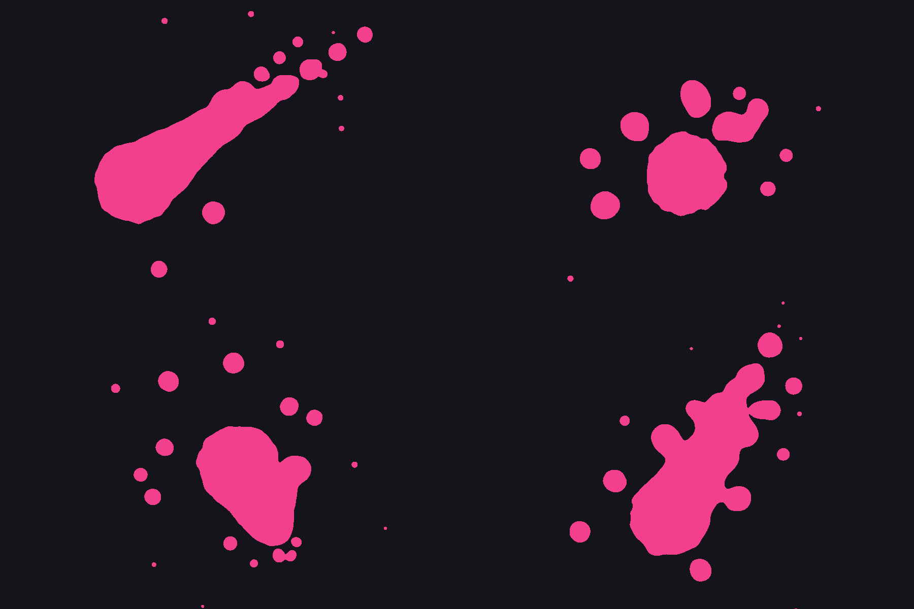 Pink ink splats up close: comet tails, spray and rings of satellite droplets