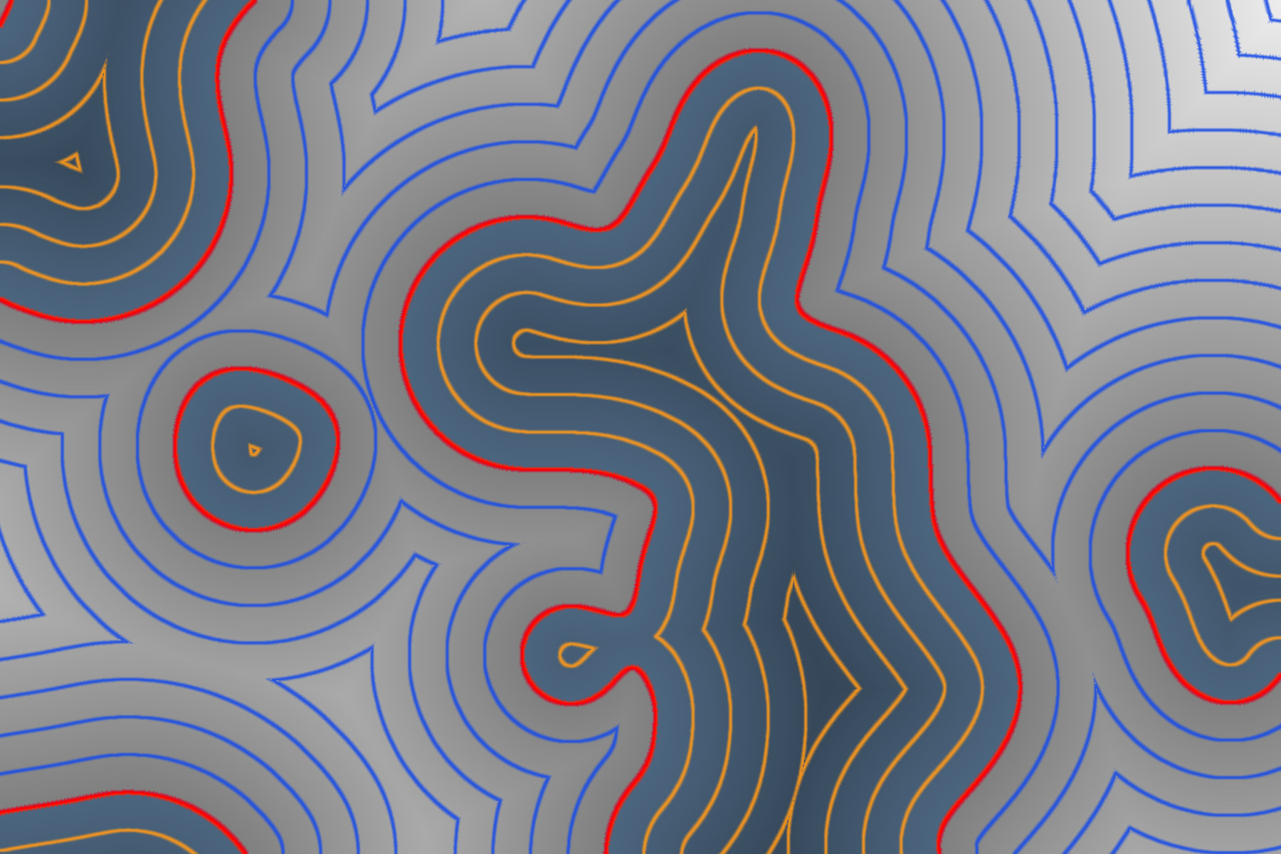 A distance field around merged blobs, drawn as contour lines like a map