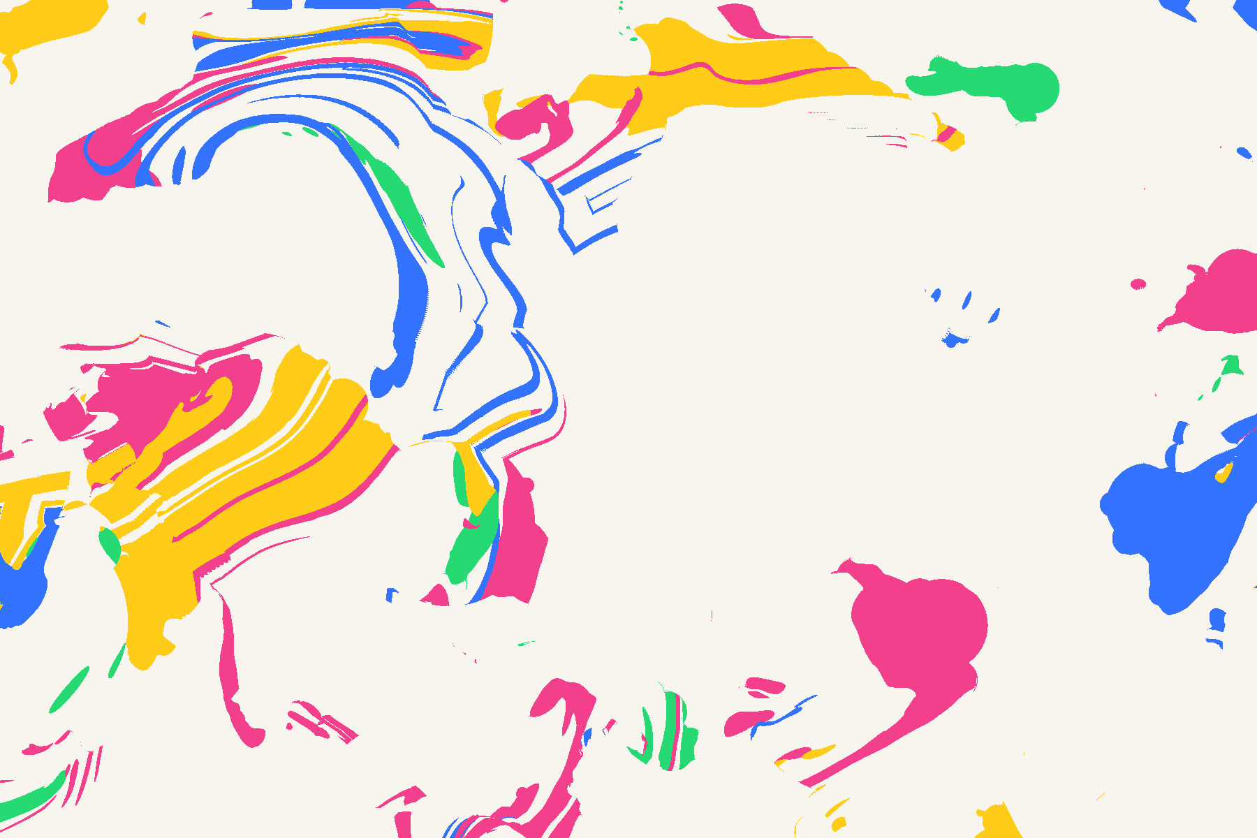 Pink, yellow, blue and green ink pulled by a fluid into marbled swirls
